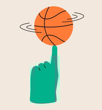 Person spins basketball ball on finger. Colorful illustration vector