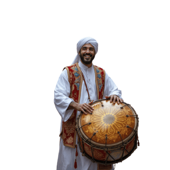 A man in a white robe holding a drum png