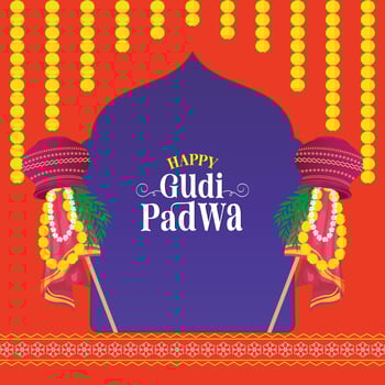 Happy Gudi Padwa. Featuring elegant typography, a kalash, garland, and a traditional window on a festive, decorated background celebrating Indias rich traditions. vector