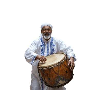 An old man in a white turban is playing a drum png