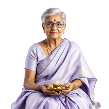 An elderly woman in a sari holding a lit diya png