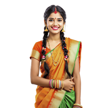 A young woman in an orange and green sari png