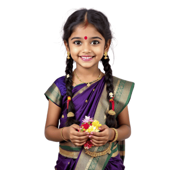 A little girl in a sari holding flowers png
