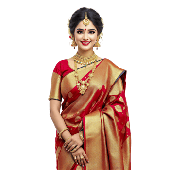 A beautiful woman in a red and gold sari png