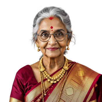 An elderly indian woman wearing glasses and a sari png