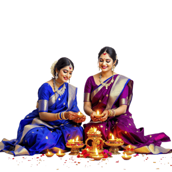 Two women in traditional saris holding lit diyas png