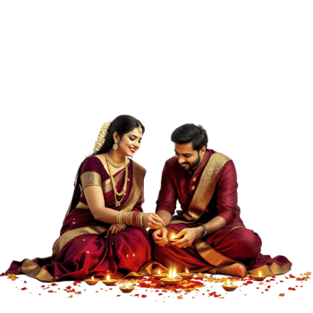 A couple in traditional indian attire lighting diyas png