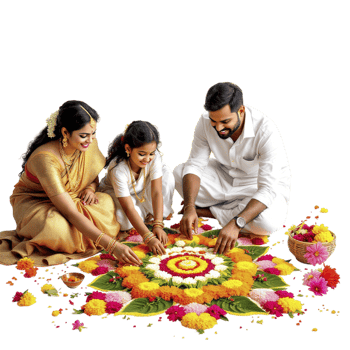 A family is making a rangoli with flowers png