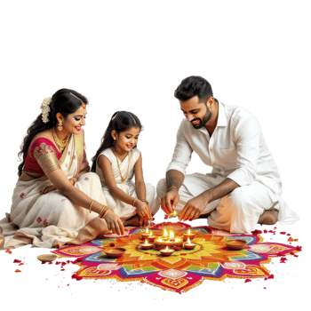 A family is lighting diyas on a colorful mat png