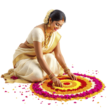 A woman in traditional sari is making a rangoli png