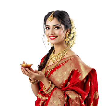 Beautiful indian woman in traditional red sari holding a diya png