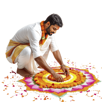 A man kneeling down to make a rangoli png