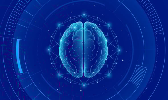 Techno style horizontal illustration Human brain Artificial intelligence abstract background vector