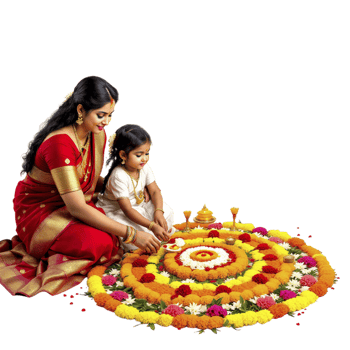 A woman and a child are making a rangoli png