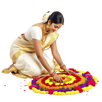 A woman in a white sari kneeling down on a flower arrangement png