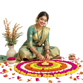A woman in a sari is sitting on a flower arrangement png