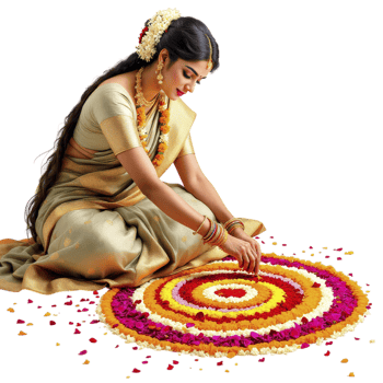 A woman in traditional indian dress is making a rangoli png