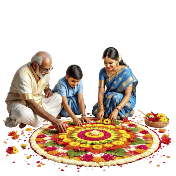 A family is making a rangoli with flowers png