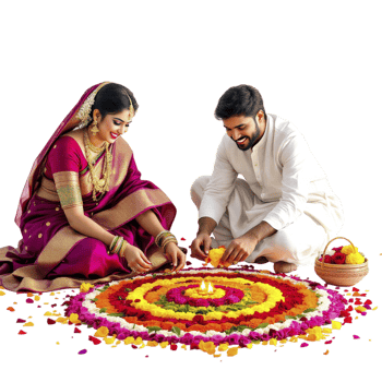 A man and woman in traditional indian attire are lighting a diya png