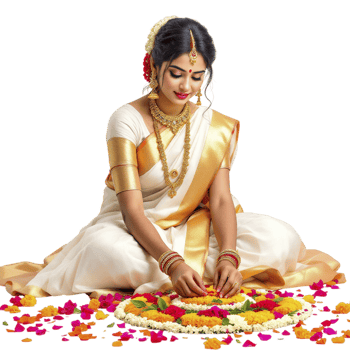 A woman in traditional sari sitting on a flower arrangement png