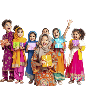 A group of children in colorful clothing holding presents png