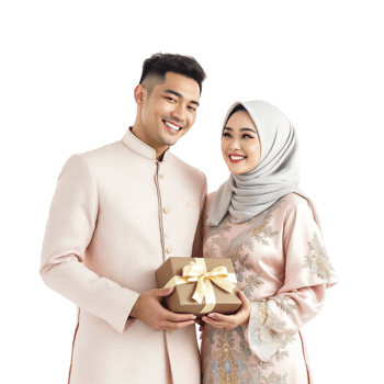 A young man and woman in traditional clothing holding a gift png