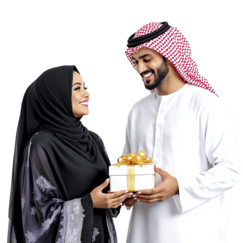 Arabic couple with gift box on black background png