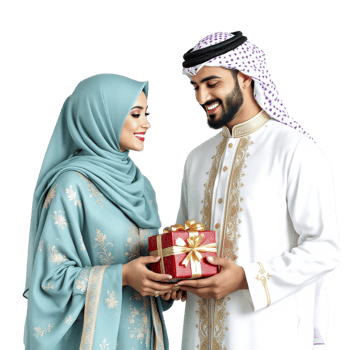 Arabic couple with gift box on black background png