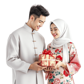 Happy couple with gift box isolated on black background png