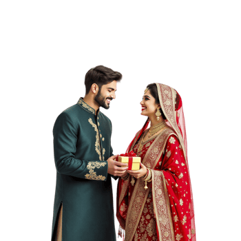 An indian couple in traditional attire holding a gift png