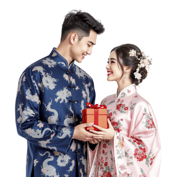 A couple in traditional chinese clothing holding a gift png