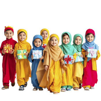 Muslim children in colorful clothes holding presents png