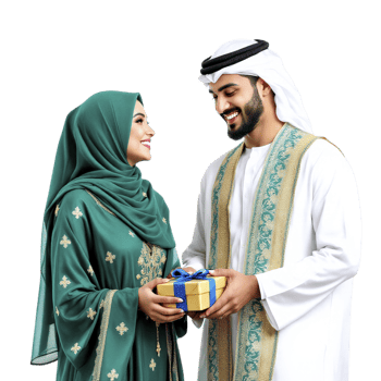Arabic couple in traditional clothing holding gift box png