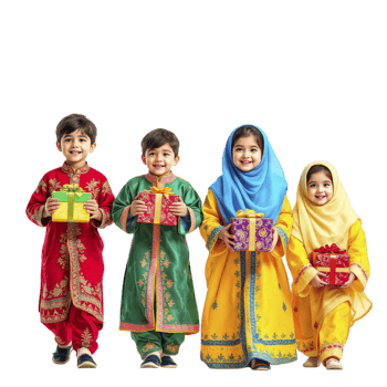 Four children in colorful clothing holding presents png