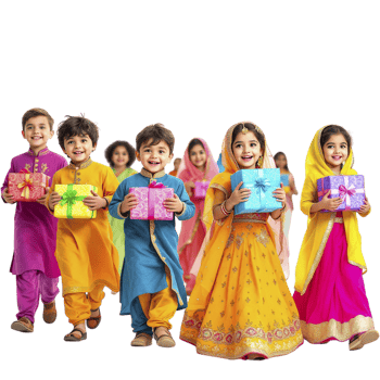 Indian children in colorful outfits holding gifts png