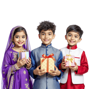 Three children in traditional indian clothing holding gift boxes png