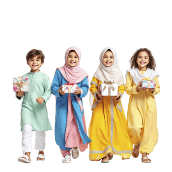 Four children in colorful clothing holding gifts png