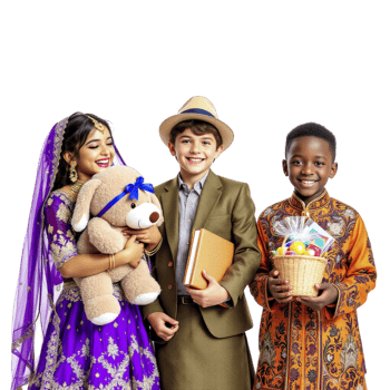 Three children in traditional clothing holding a stuffed animal png