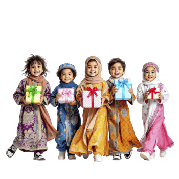Muslim children in traditional clothing holding presents png
