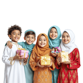 Muslim children holding gift boxes on black background png