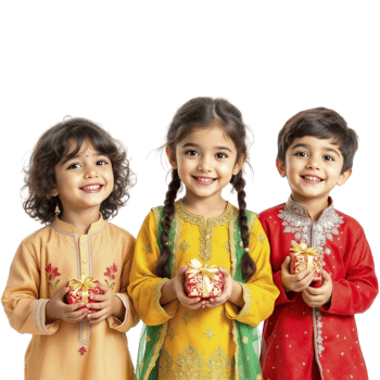 Three children in colorful outfits holding gifts png