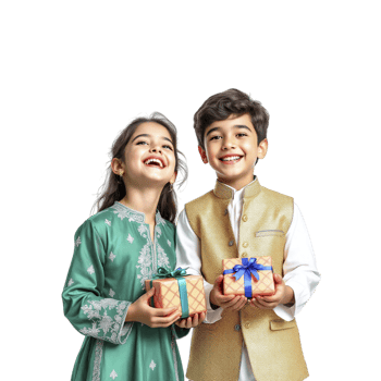 Two children in traditional clothing holding gifts png