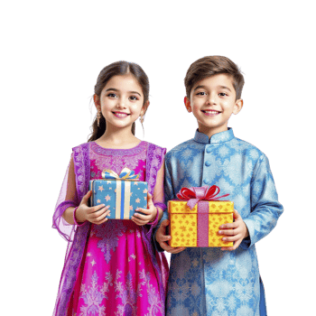 Two children in traditional indian clothing holding gift boxes png