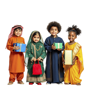 Four children in traditional clothing holding presents png