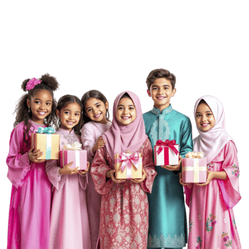 Muslim children in traditional clothing holding gift boxes png