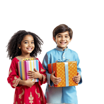 Two children in traditional indian clothing holding gift boxes png