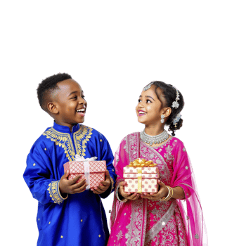 Two children in traditional clothing holding gifts png