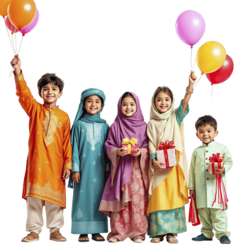 Happy children with balloons and gifts png
