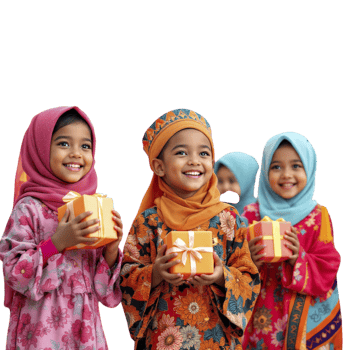 Three children in colorful clothing holding presents png
