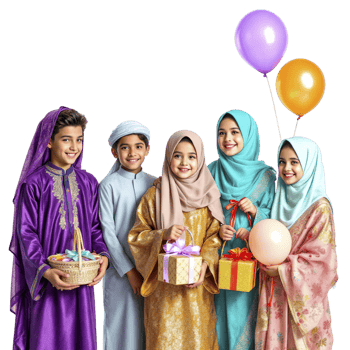 Muslim children in traditional clothing holding gifts and balloons png